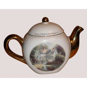 Thomas Kinkade Home Is Where The Heart Is Ceramic Teapot w/ Gold Color Accents